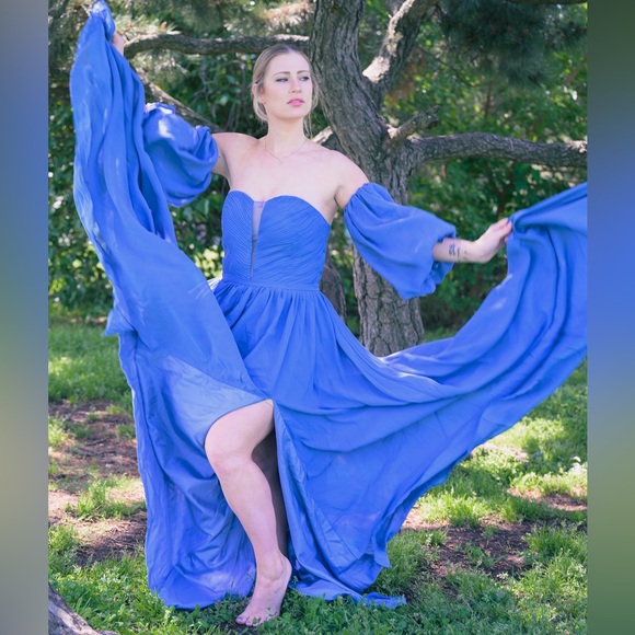OFF SHOULDER TWO PIECE DETACHED CORSET BLUE PROM PHOTOSHOOT STRAPLESS SLIT DRESS - Picture 2 of 11